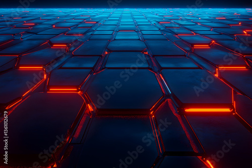 Glowing Hexagon Floor, Futuristic Landscape, Sci-Fi Background, Digital Art