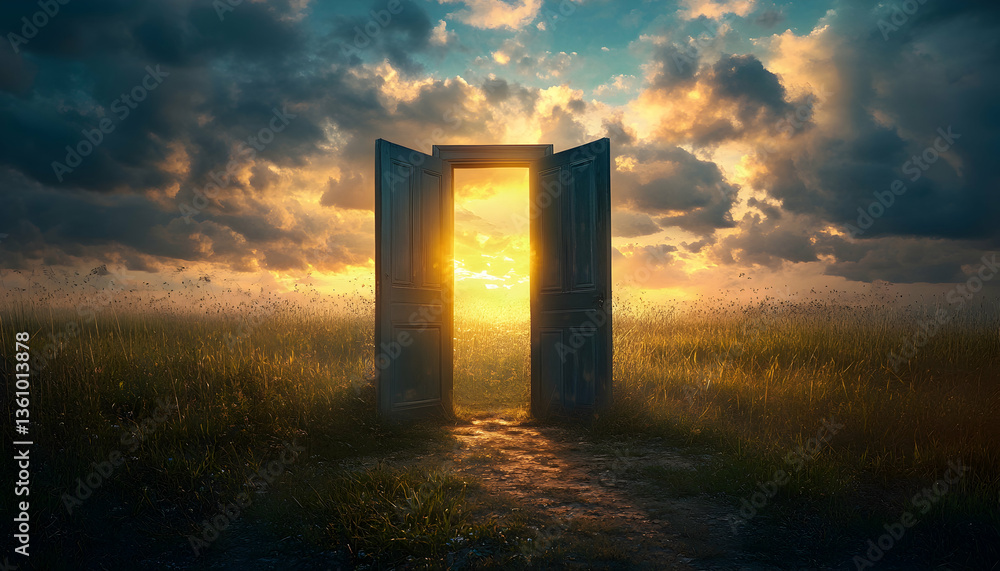 Light shining through an open door in a daytime field landscape - Light shining through an open door in a daytime field landscape -