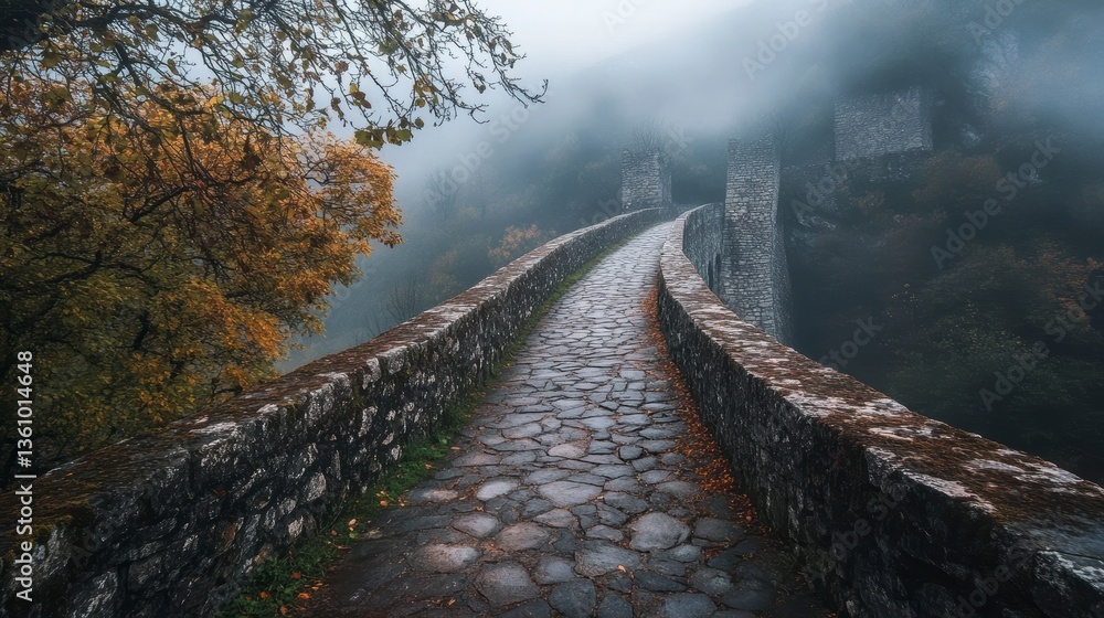 Fototapeta premium Misty autumn morning view of an ancient stone bridge leading to a castle ruin in the fog.