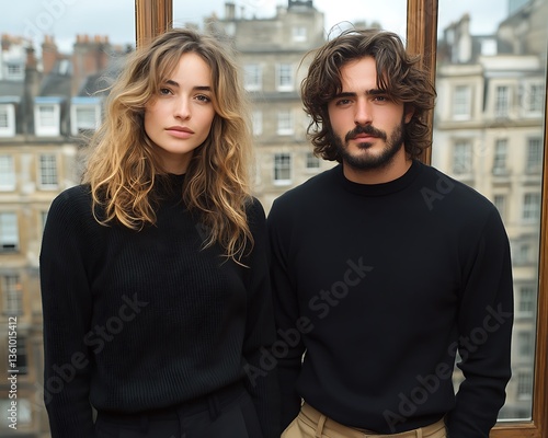 Two individuals posing in front of a large pane window