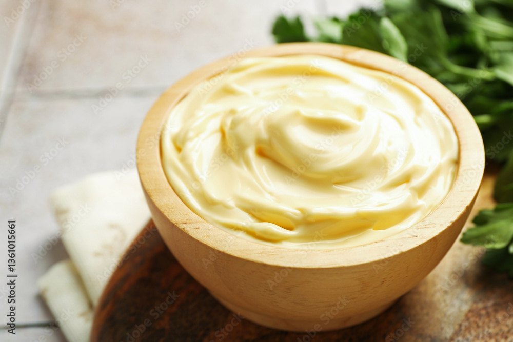 Delicious mayonnaise sauce in bowl on table, closeup Delicious mayonnaise sauce in bowl on table, closeup