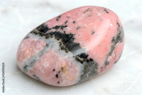 Pink and black jasper stone with polished smooth surface on white isolated background