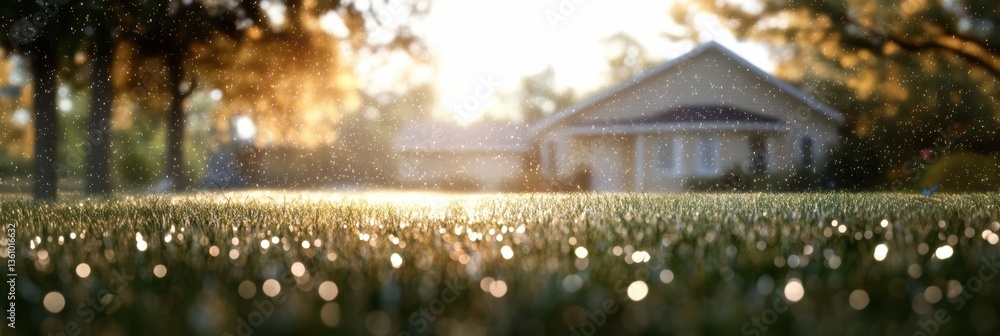 Lush green grass lawn in backyard of home house in Spring