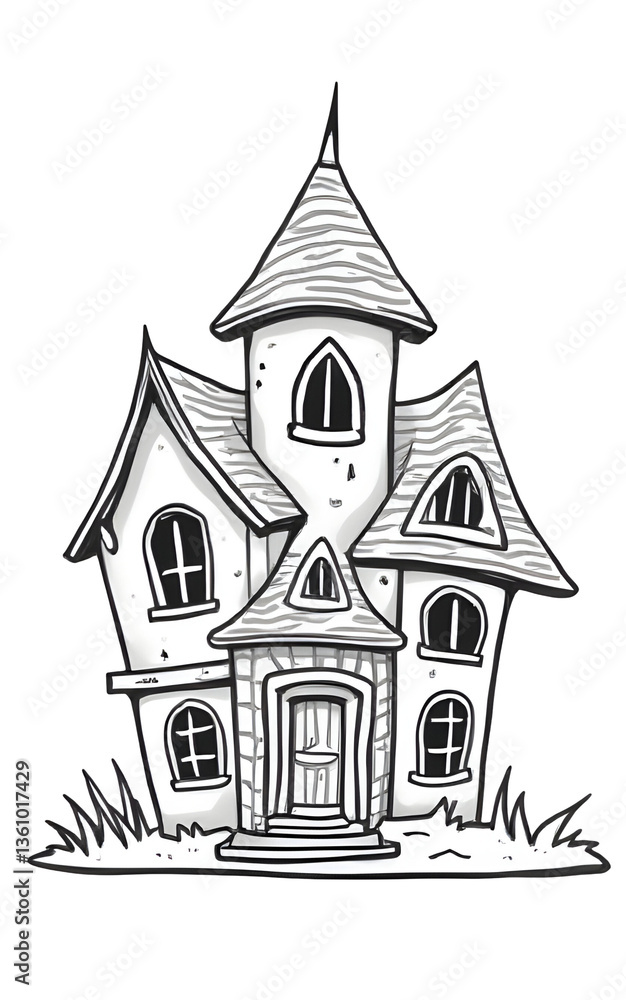 A whimsical, sketch-style illustration of a quirky, crooked house with a tower. cut out,isolated, transparent background A whimsical, sketch-style illustration of a quirky, crooked house with a tower. cut out,isolated, transparent background