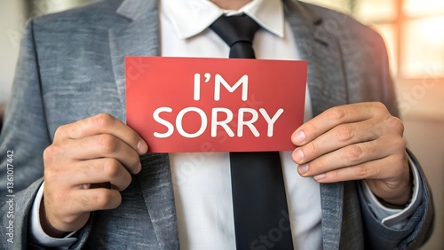 Close-up of male hands holding red card with I'm Sorry text, representing apology, regret and asking for forgiveness in professional or personal settings