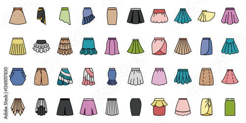 Colorful Collection of Stylish Skirts in Outline Fill Style