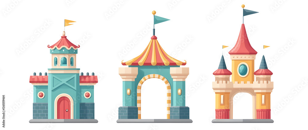 Colorful illustrations of whimsical castles and a circus tent with flags. cut out,isolated, transparent background Colorful illustrations of whimsical castles and a circus tent with flags. cut out,isolated, transparent background