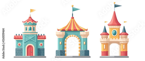 Colorful illustrations of whimsical castles and a circus tent with flags. cut out,isolated, transparent background