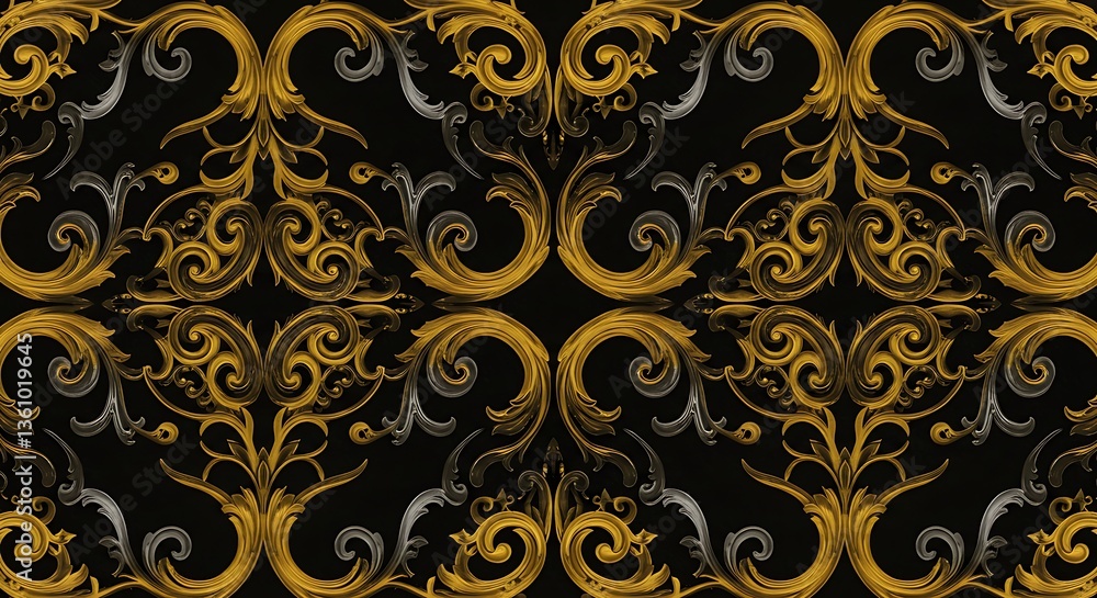Intricate dark Baroque pattern background with gold and silver accents, featuring curved lines and shapes, reminiscent of Renaissance-era architecture , renaissance, baroque Intricate dark Baroque pattern background with gold and silver accents, featuring curved lines and shapes, reminiscent of Renaissance-era architecture , renaissance, baroque