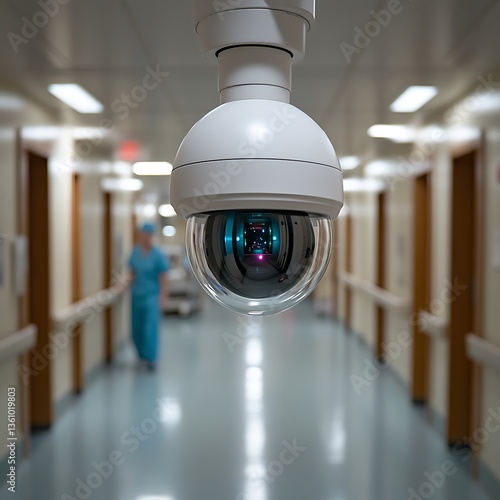 A ceiling mounted security camera over a long hospital corridor