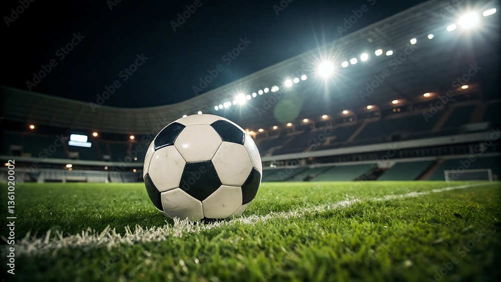 Fototapeta premium A soccer ball sits on the grass field of a stadium illuminated by bright lights at night time view