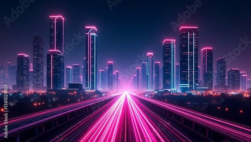 A futuristic cityscape with neon lights and a highway with light trails at night in a digital art style