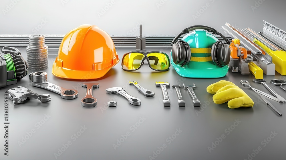 Assortment of Construction Tools and Safety Equipment Laid Out on Workbench Various Tools Gear and Protective Gear Used by Workers Mechanics and Engineers for Repair Maintenance Assortment of Construction Tools and Safety Equipment Laid Out on Workbench Various Tools Gear and Protective Gear Used by Workers Mechanics and Engineers for Repair Maintenance