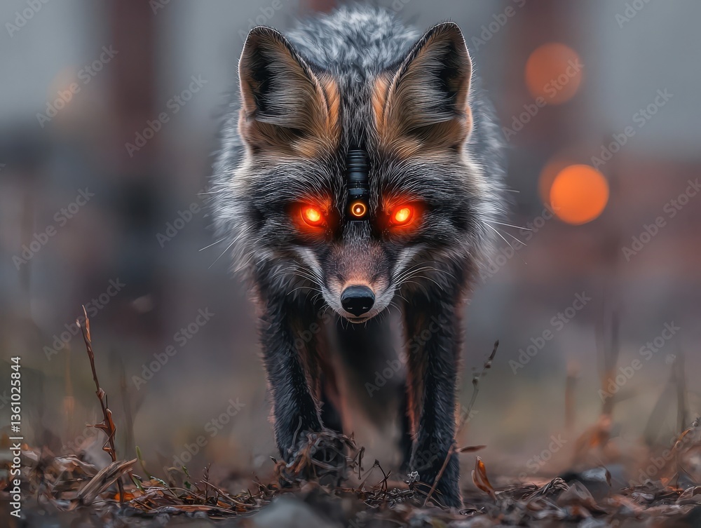 Obraz premium A majestic cybernetic fox with glowing red eyes, approaches through a dark, autumnal forest setting. Its sleek fur and technological enhancements create a striking contrast.