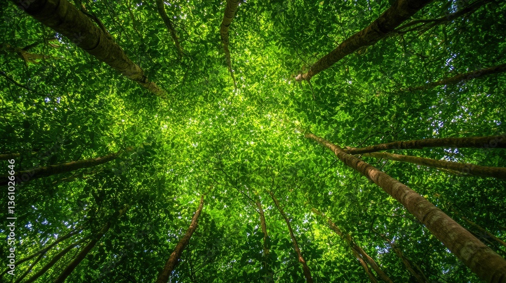 Fototapeta premium Looking Up at Lush Green Forest Canopy with Sunlight Streaming Through