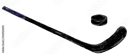 Hockey stick and puck chalk textured. Pencil kids freehand drawn doodle cartoon sports equipment. Child crayon hand drawing sport set of vector illustration isolated on transparent background