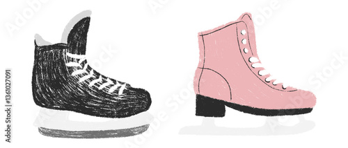 Men hockey skates, women ice skates chalk textured. Pencil kids freehand drawn doodle cartoon sports equipment. Child crayon hand drawing sport set of vector illustration isolated on white background 