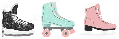 Men hockey skates, women ice skates, quad rollers chalk texture. Pencil kids drawn doodle cartoon sports equipment child crayon hand drawing sport set. Vector illustration isolated on white background