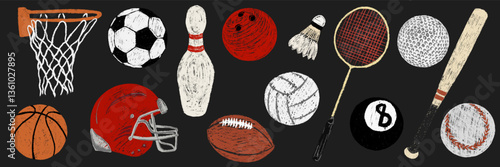 Basketball, football, bowling, billiard, volleyball, baseball ball, badminton racket shuttlecock chalk textured. Pencil kids sports collection. Child hand drawing set. Vector illustration isolated