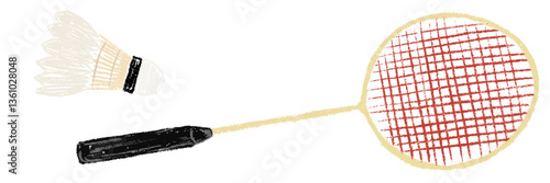 Badminton racket and shuttlecock chalk textured. Pencil freehand drawn doodle cartoon sports equipment. Child crayon hand drawing sport set of vector illustration isolated on transparent background