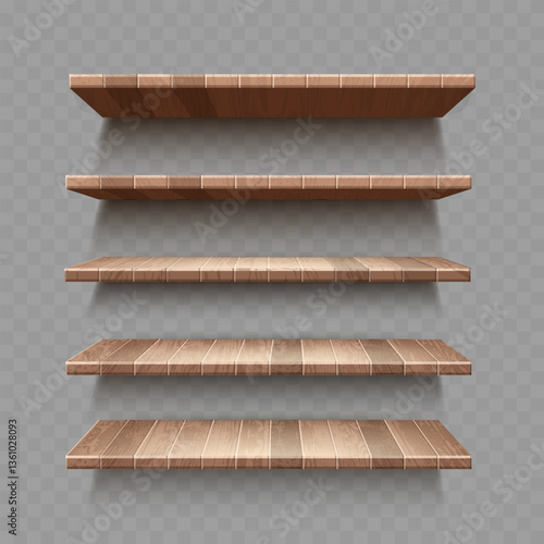 Wooden Wall Shelves with Shadow on Transparent Background. Vector