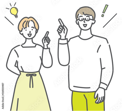 並んで指差しをしてひらめく若い夫婦のイラスト素材