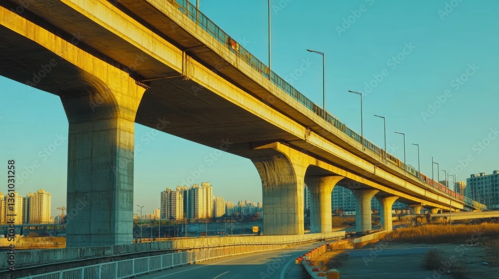 Fototapeta premium Urban Overpass at Sunset with Modern Architecture Beneath and Clear Blue Sky in a Vibrant Cityscape Setting