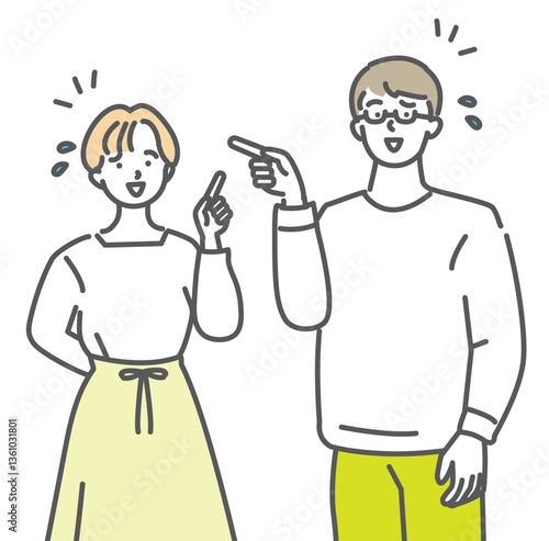 お互いに指を差し合い言い訳をする若い夫婦のイラスト素材
