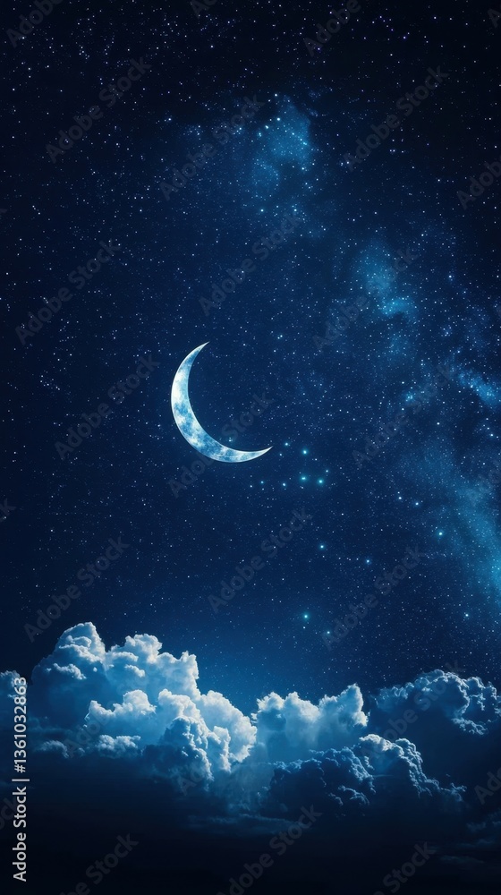 A serene night sky featuring a crescent moon surrounded by shimmering stars and soft clouds, creating a peaceful atmosphere. A serene night sky featuring a crescent moon surrounded by shimmering stars and soft clouds, creating a peaceful atmosphere.
