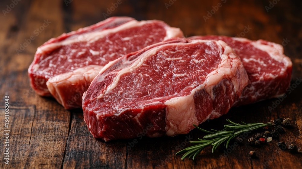 Realistic Photo of Marbled Beef Steaks on a Wooden Table, Focusing on the Intricate Structure of the Meat Realistic Photo of Marbled Beef Steaks on a Wooden Table, Focusing on the Intricate Structure of the Meat