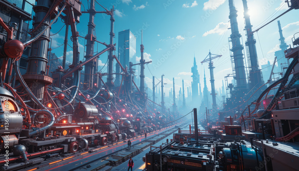 Fototapeta premium Futuristic industrial landscape featuring towering structures, intricate machinery, and vibrant colors under bright blue sky. scene evokes sense of advanced technology and innovation
