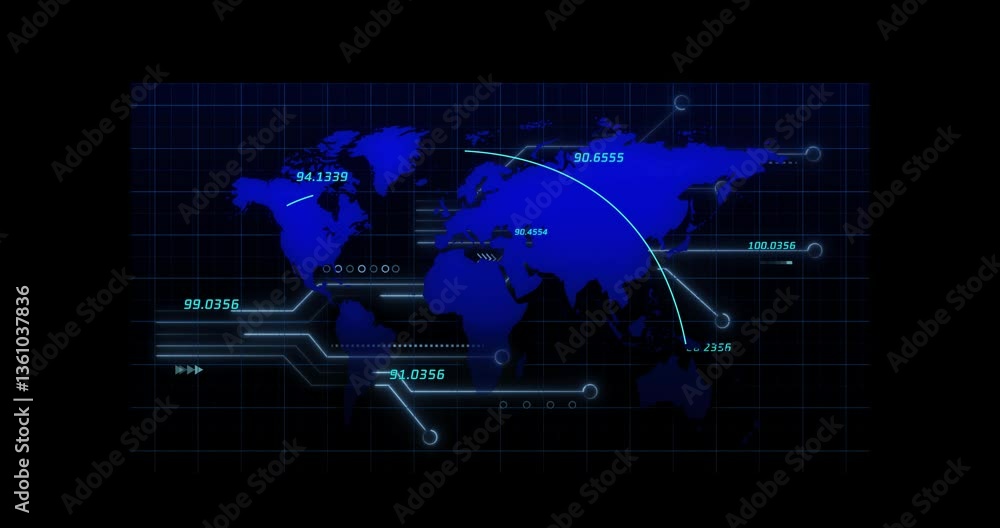 Animation of world map with digital data points connecting on grid background Animation of world map with digital data points connecting on grid background