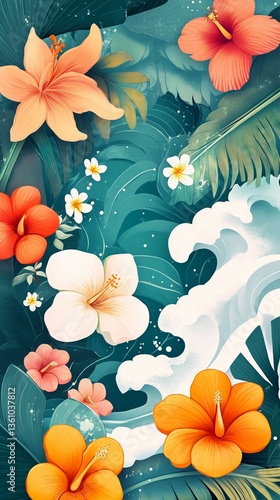 Asian waves and tropical flowers, banner for AAPI in may