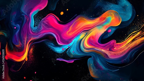 Colorful abstract background with vibrant liquid paint splashes, glowing waves, and swirls on a dark black background. Digital illustration of a creative vector design for a poster or banner.