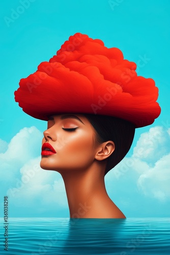 Surreal minimalist magazine cover showcasing the creative interplay of red clouds and blue waters with an imaginative portrayal of feminine beauty