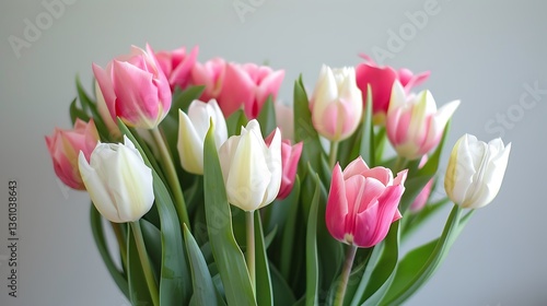 Beautiful Tulip Flower Bouquet Featuring Vibrant Pink and White Blossoms with Lush Green Leaves, Arranged in a Soft Natural Light Setting, Showcasing the Elegance and Grace of Springtime Blooms
