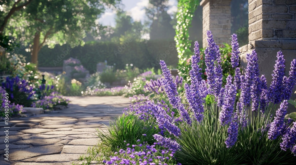 Obraz premium Serene Garden Pathway with Lush Lavender Flowers Surrounded by Vibrant Greenery and Natural Light in a Tranquil Setting