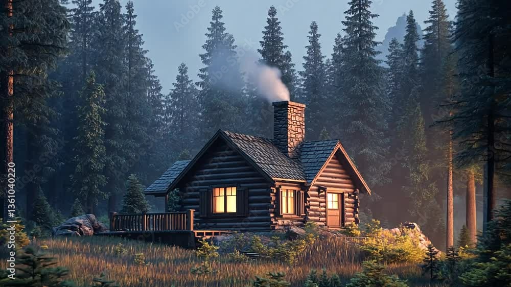 Secluded log cabin nestled among towering pine trees in a serene forest setting Secluded log cabin nestled among towering pine trees in a serene forest setting