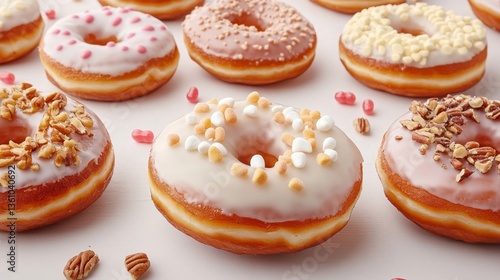 Wallpaper Mural Delicious varieties of donuts displayed on white surface food photography sweet treats close-up view culinary bliss Torontodigital.ca