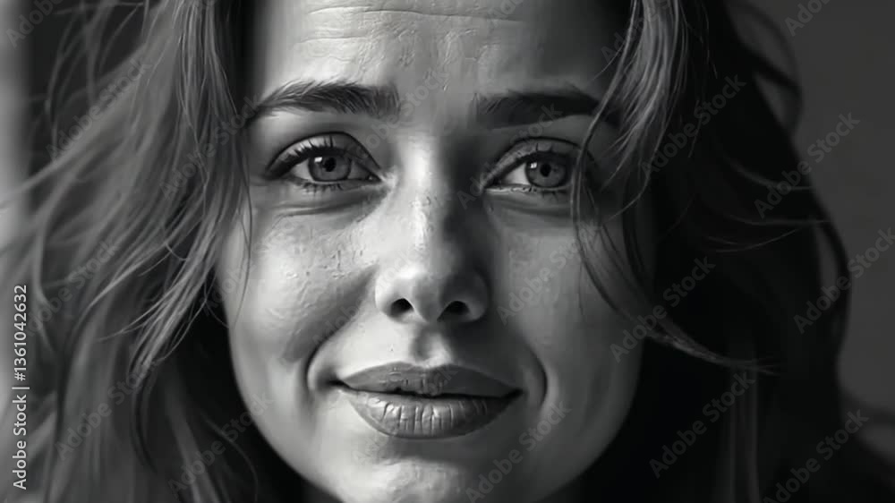 Black and White Close-Up of a Smiling Woman with Emotional Eyes Black and White Close-Up of a Smiling Woman with Emotional Eyes