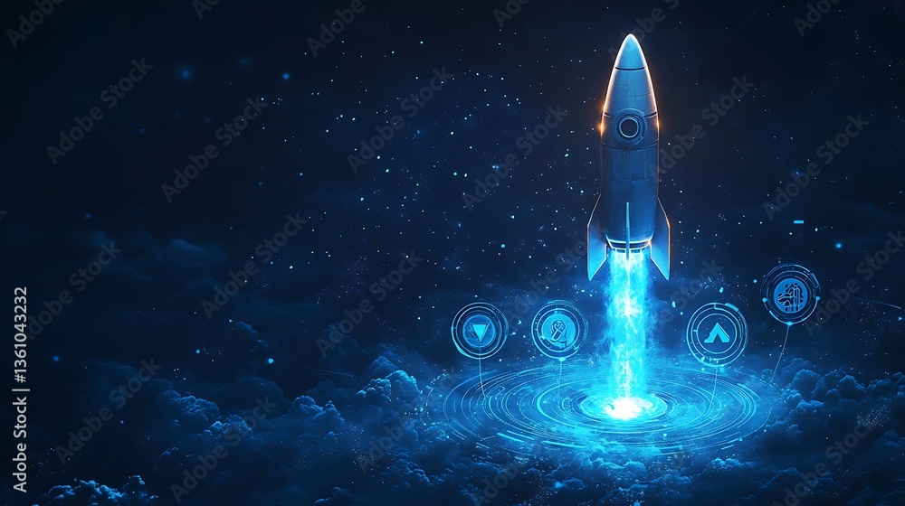 Fototapeta premium Futuristic Rocket Launch in Cyberpunk Cityscape, Futuristic digital artwork of a rocket launching from a virtual platform with holographic interfaces