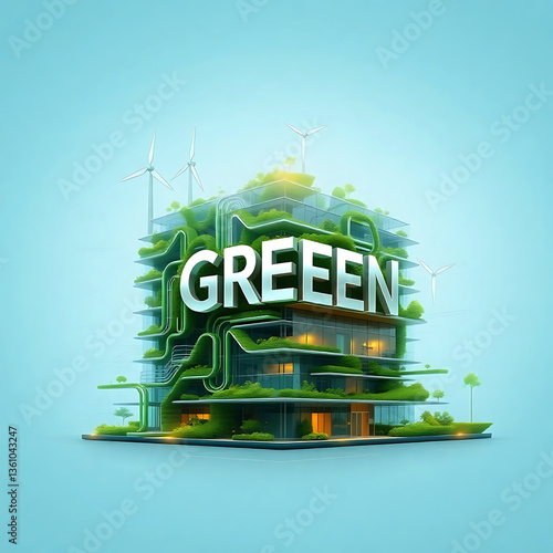 A high-tech digital blueprint showcasing sustainable architecture with glowing green accents.