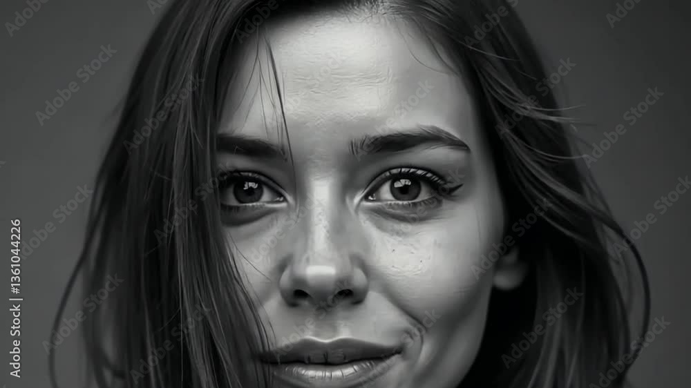 Black and White Close-Up of a Smiling Woman with Emotional Eyes Black and White Close-Up of a Smiling Woman with Emotional Eyes