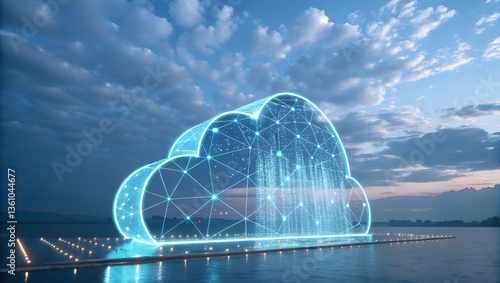 features a graphic representation of a large, glowing blue digital 