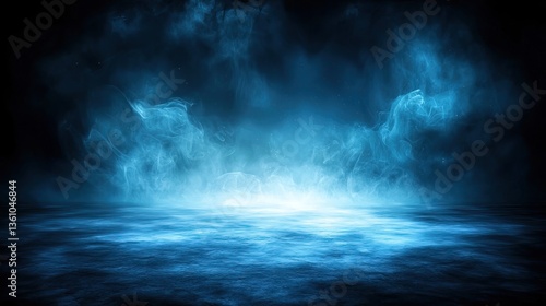 Dark blue smoky background with bright light on the ground, suitable for design and digital art.