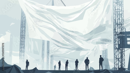 The image is a stylized illustration or digital painting.  It depicts a group of silhouetted human figures standing in the foreground, observing a massive construction site. A large, draped