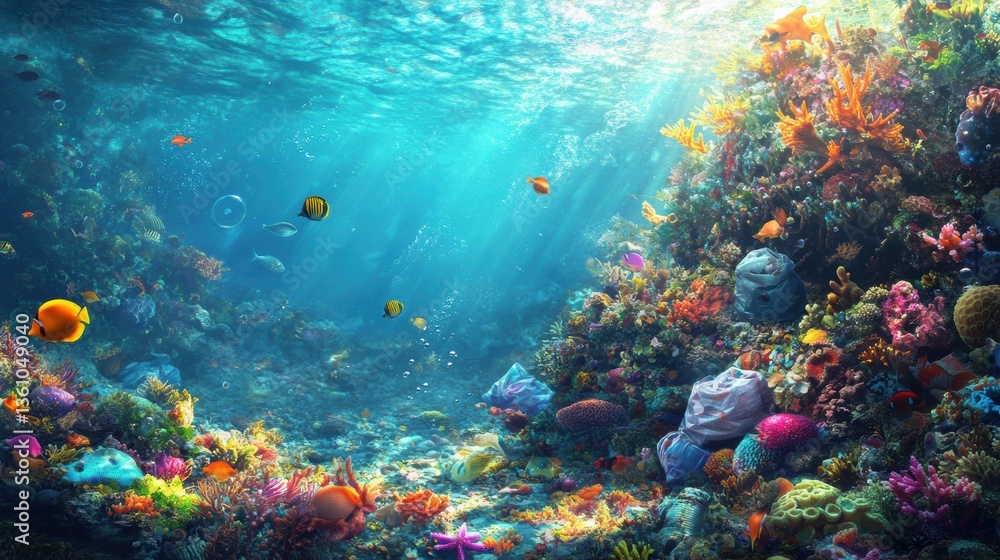 Naklejka premium Garbage in deep sea with sea life. Human activities impact and threaten animal’s natural habitat.