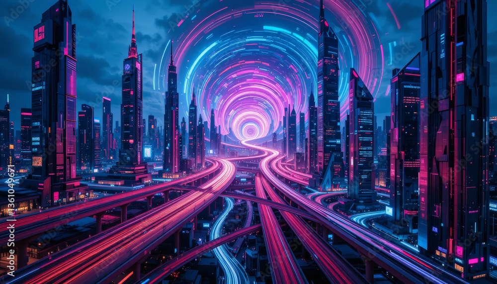 Fototapeta premium Futuristic cityscape with vibrant neon lights and swirling patterns, showcasing dynamic urban environment filled with skyscrapers and illuminated highways. scene evokes sense of motion and energy