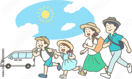 ドライブで夏のお出かけ／旅行をする家族のイラスト
