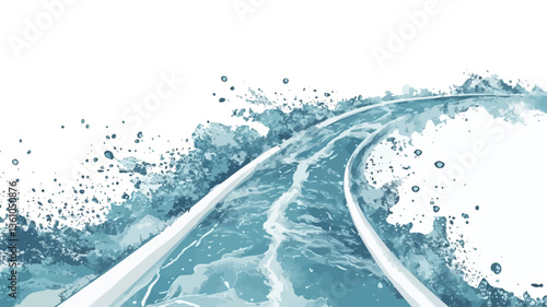 The image is a digital illustration depicting two curving trails of light blue water against a white background. The water trails are depicted with varying shades of blue, suggesting texture and